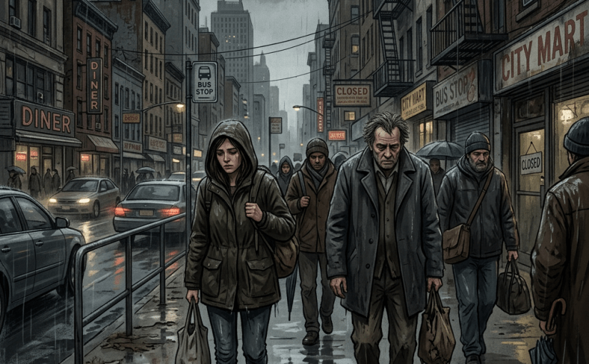 People walking on a rainy city street with closed storefronts and somber atmosphere