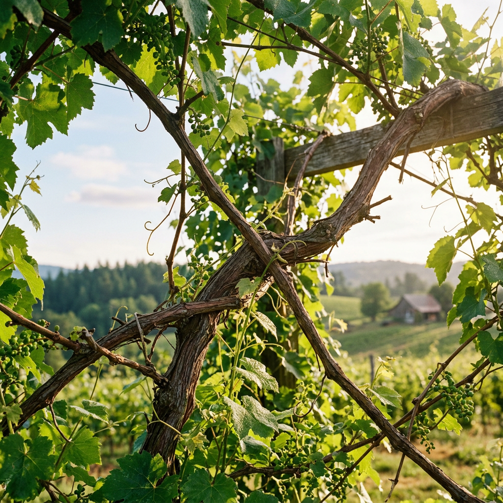 Close-up of grapevine branches with green leaves and unripe grapes in a vineyard setting