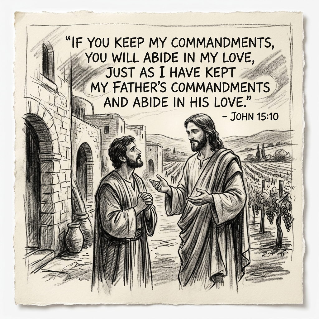 Jesus speaking to a man with biblical quote John 15:10 about keeping commandments and abiding in love