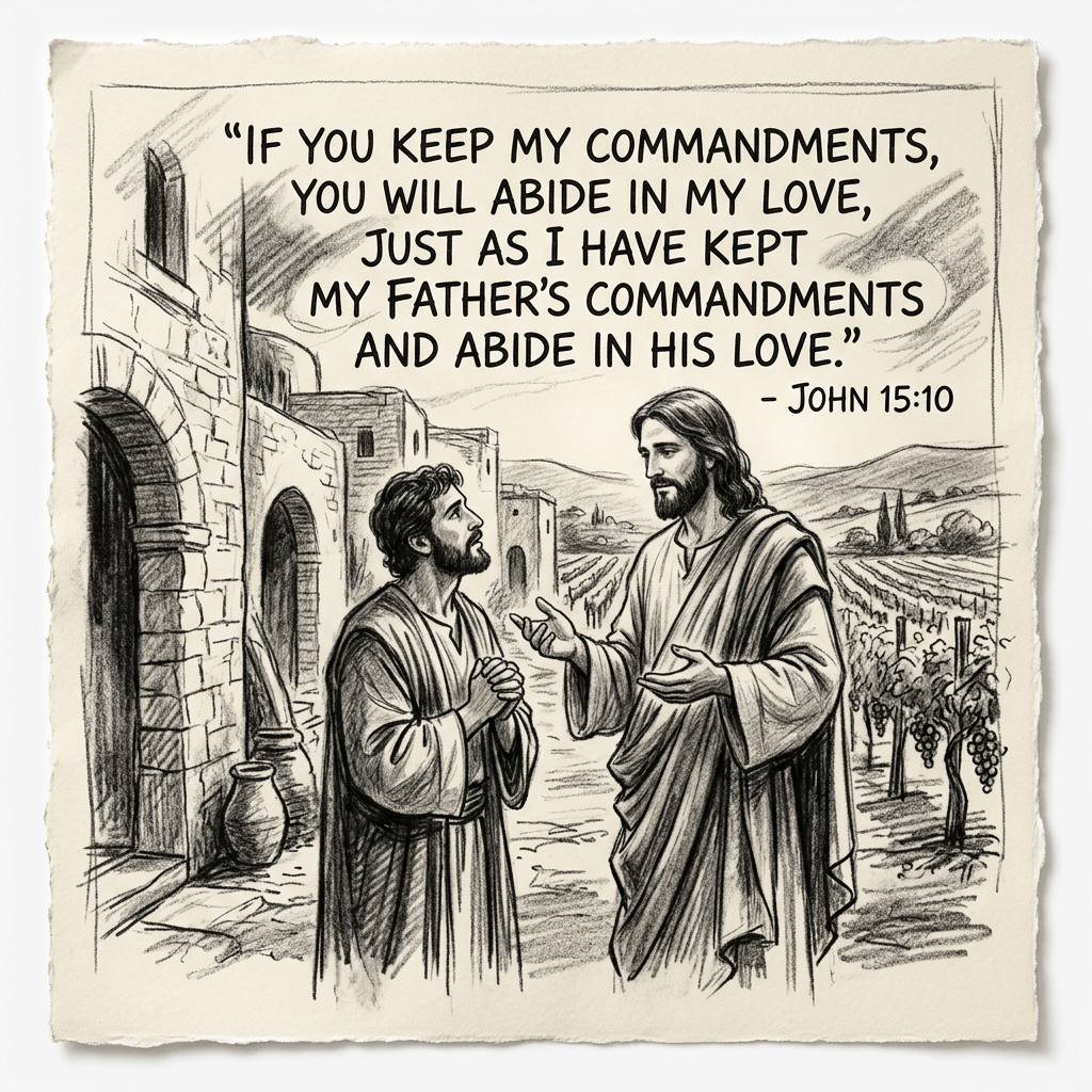 Jesus speaking to a man with biblical quote John 15:10 about keeping commandments and abiding in love