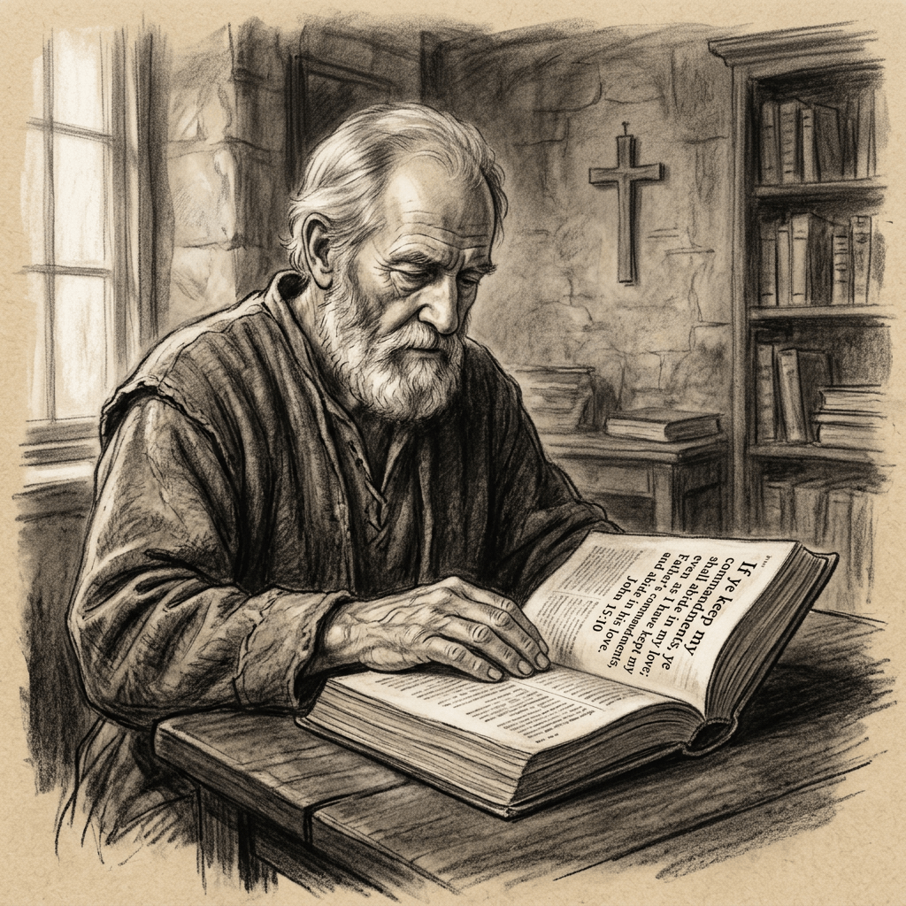 Elderly man reading a large book with Bible verse visible in a rustic study with cross on wall