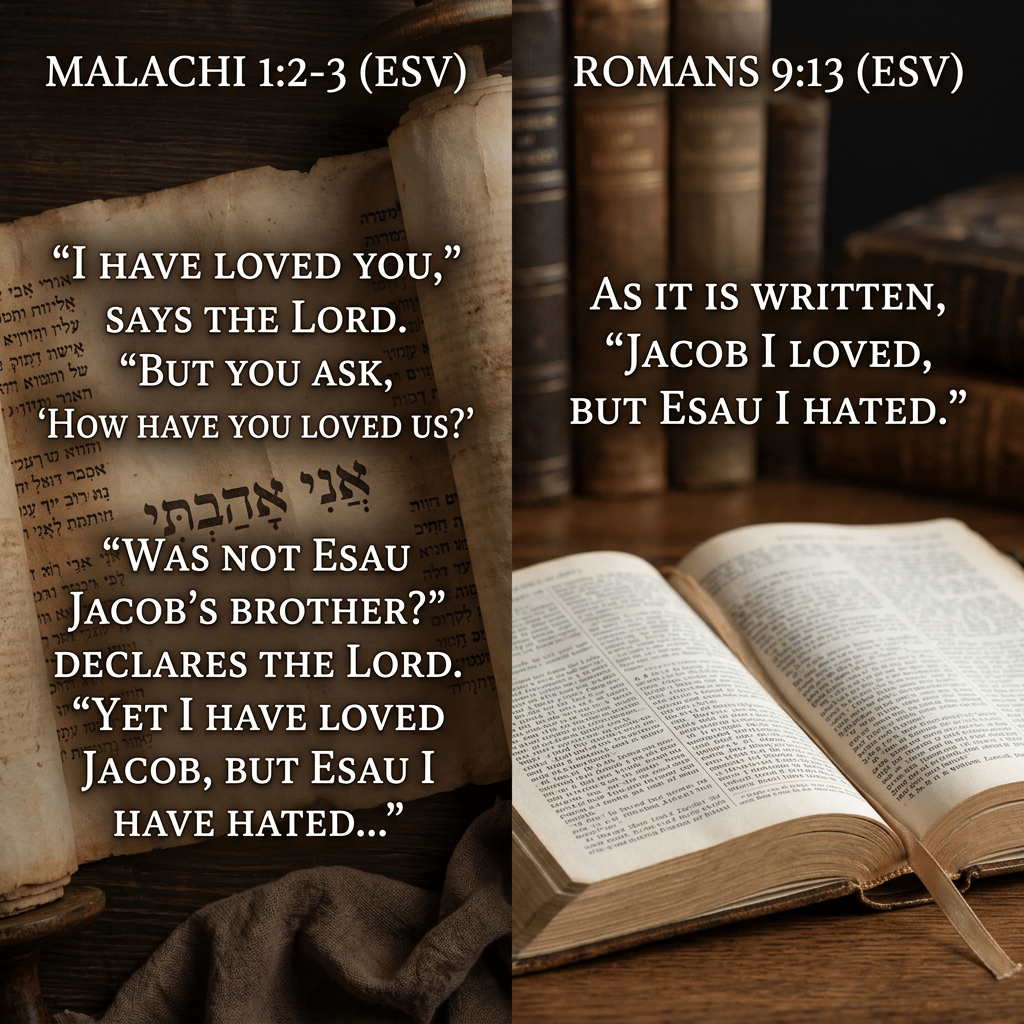 Bible verses from Malachi 1:2-3 and Romans 9:13 about loving Jacob and hating Esau