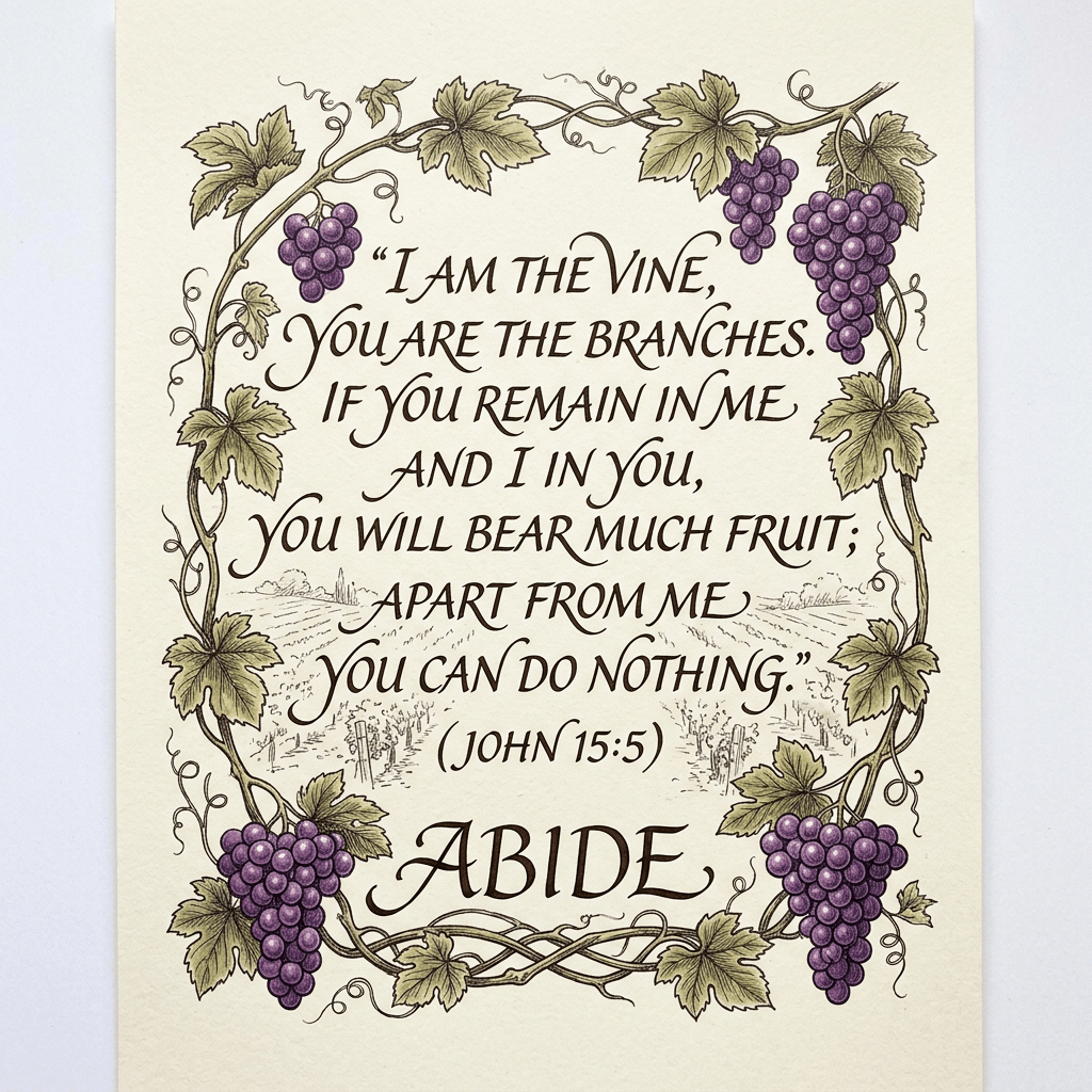 John 15:5 Bible verse surrounded by grapevine and bunches of purple grapes
