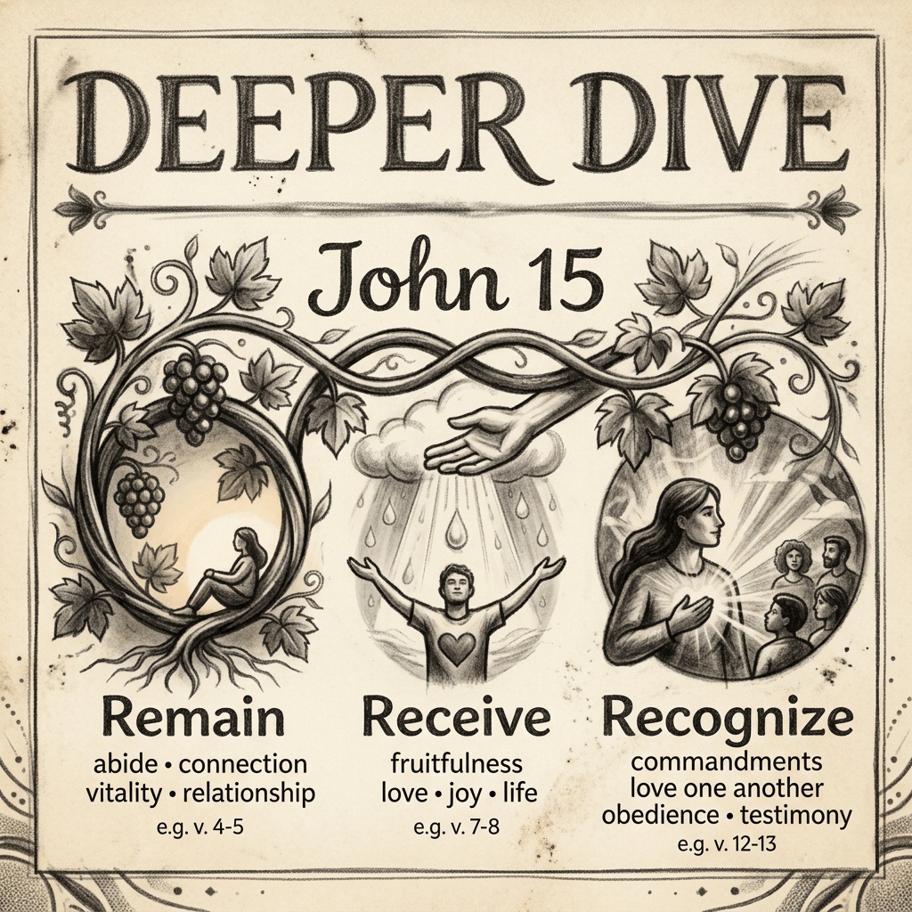 Illustration depicting key themes from John 15: remain, receive, recognize with symbolic imagery of vines and people.