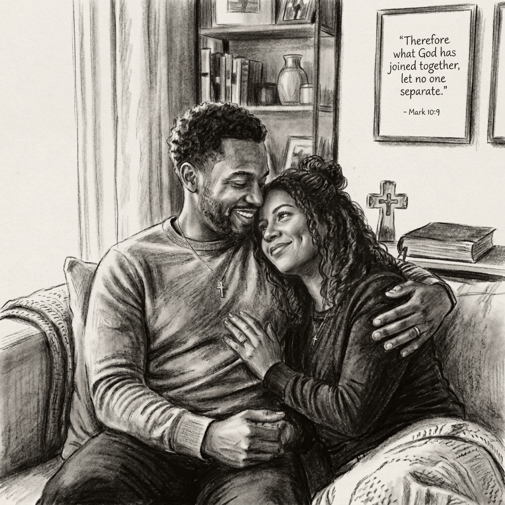 Couple sitting on a couch, embracing and smiling with Christian cross necklaces and a Bible nearby
