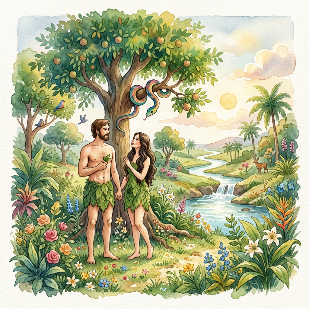 Adam and Eve holding hands under a fruit tree with a serpent coiled on a branch in a lush garden