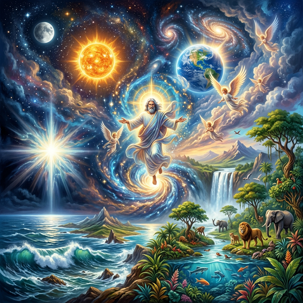 Divine figure in white robes with glowing halo floating in space surrounded by sun, moon, Earth, angels, stars, and diverse animals near waterfalls and ocean
