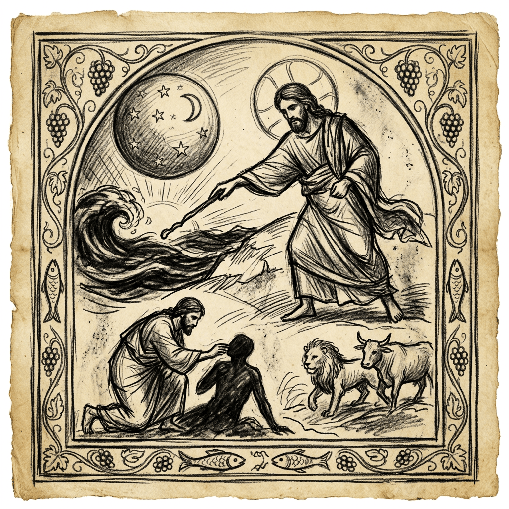 Charcoal sketch early Christian creation scene AD 400