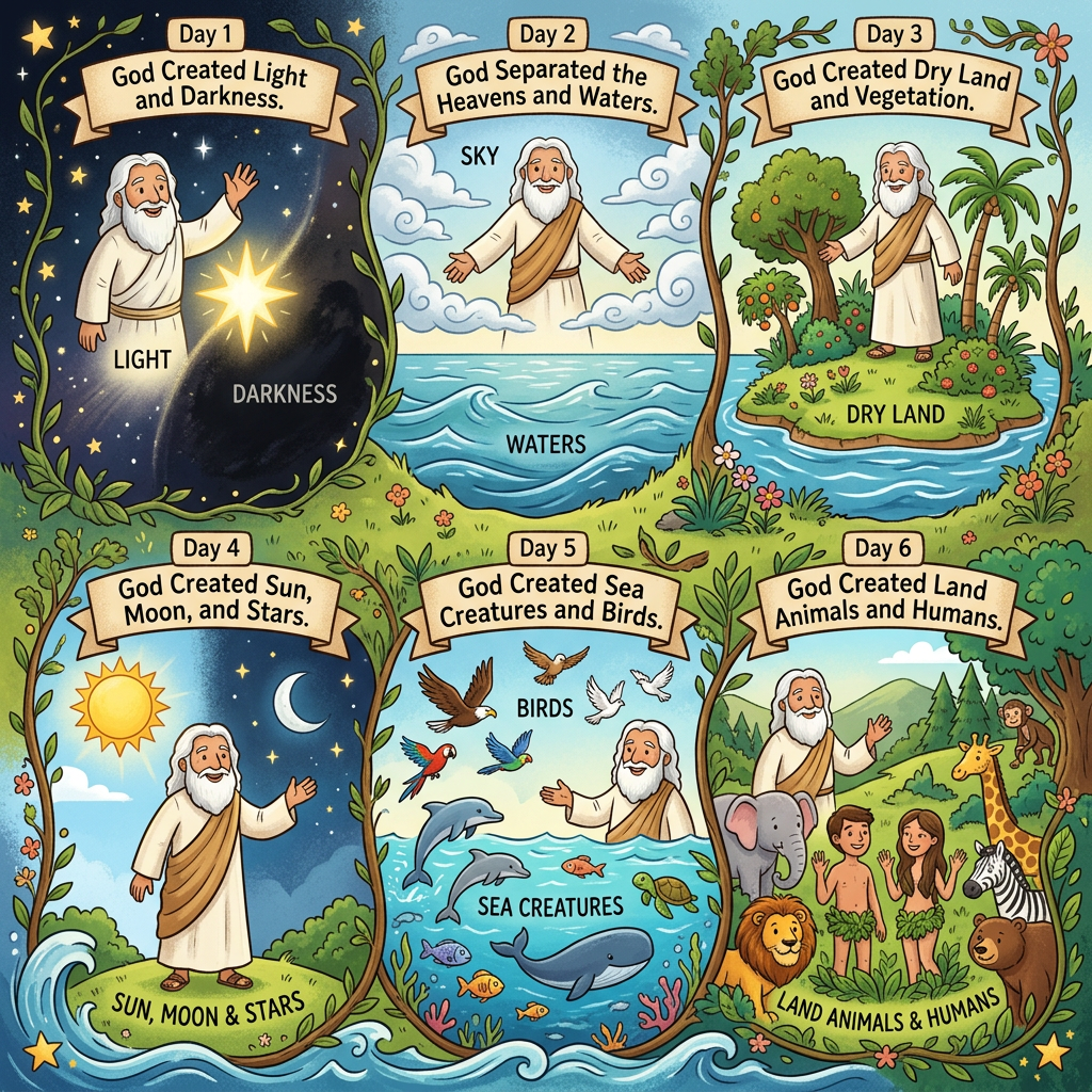 Six panels depicting God's creation work on days 1 to 6 including light and darkness, sky and waters, dry land and vegetation, sun moon and stars, sea creatures and birds, land animals and humans.