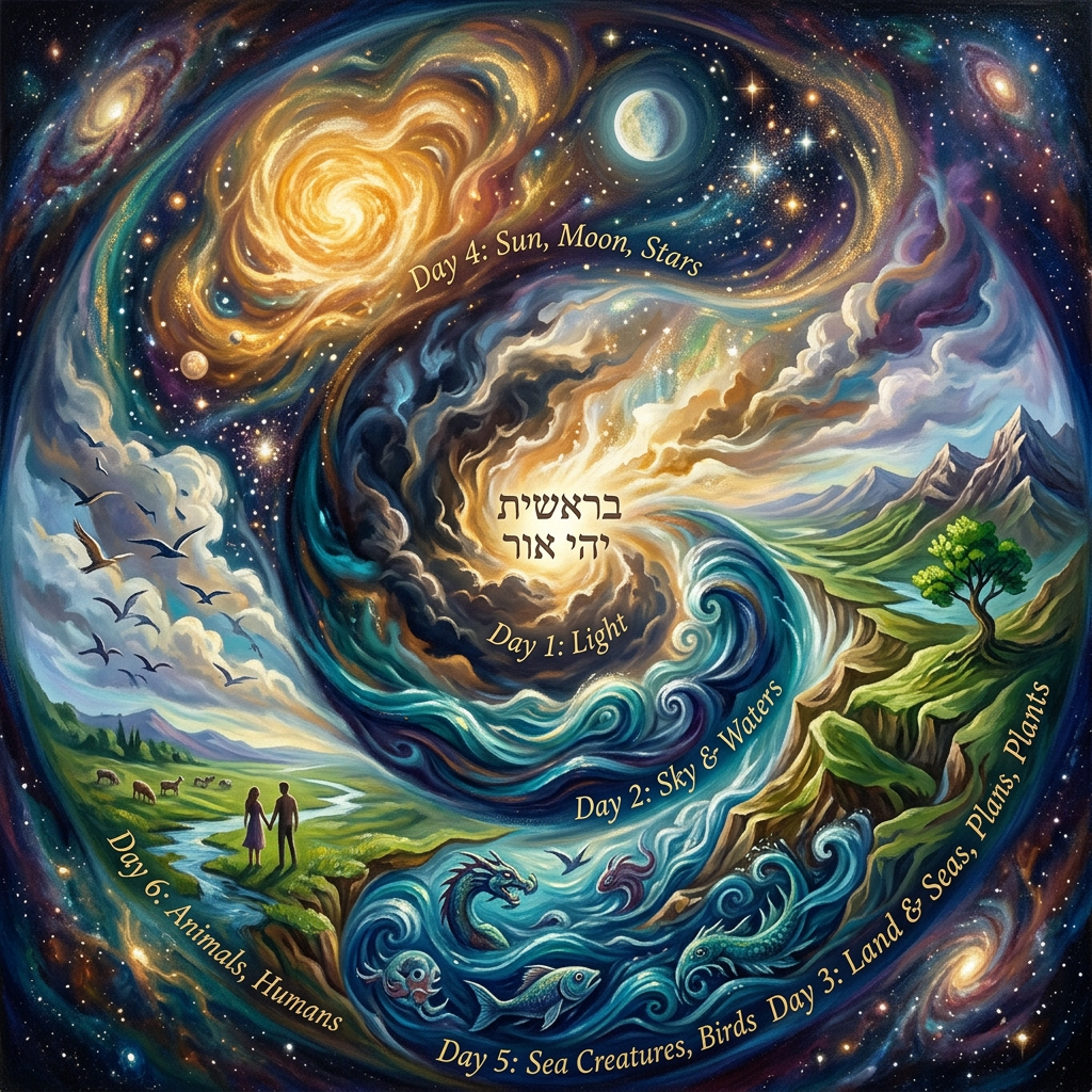 Swirling cosmic and natural elements illustrating six days of biblical creation, labeled with text