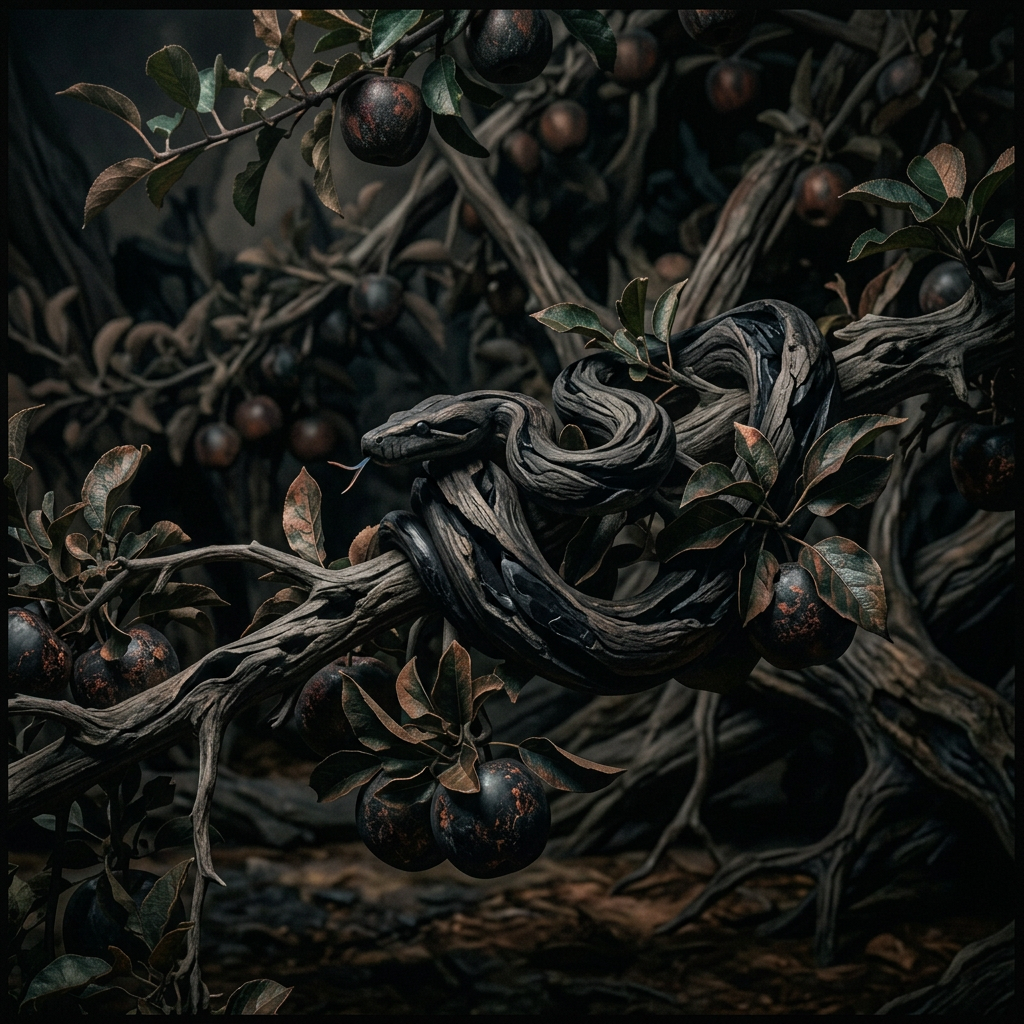 Black snake coiled on a branch of an apple tree with red and green apples