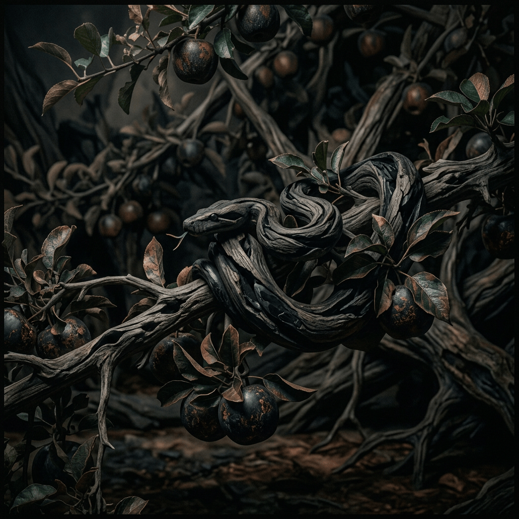 Black snake coiled on a branch of an apple tree with red and green apples