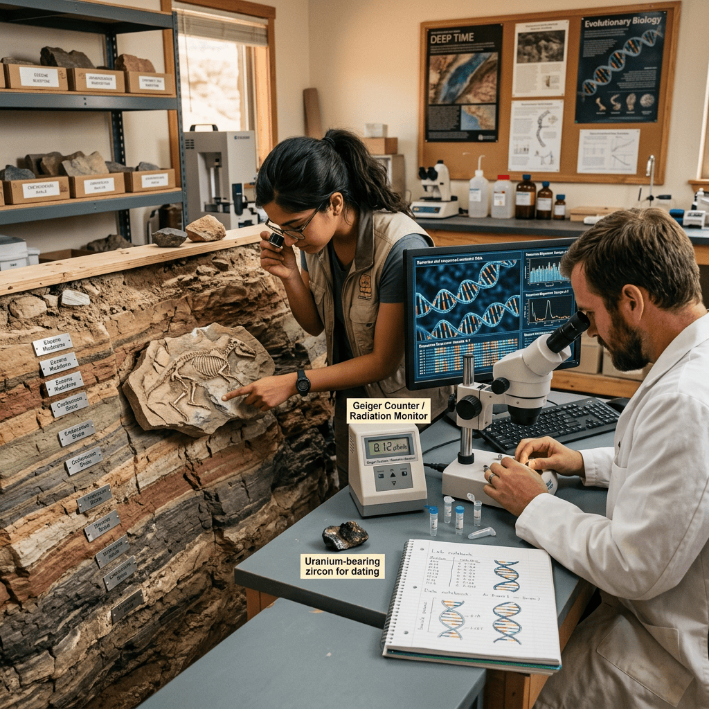 Scientists analyzing fossils and DNA with microscope and Geiger counter