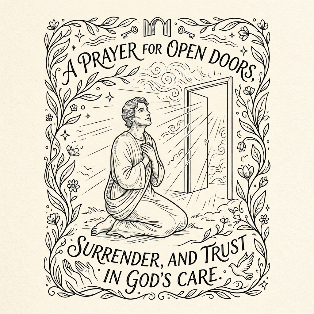A woman kneels before an open door with text reading “A PRAYER FOR OPEN DOORS” and “SURRENDER, AND TRUST IN GOD’S CARE.”