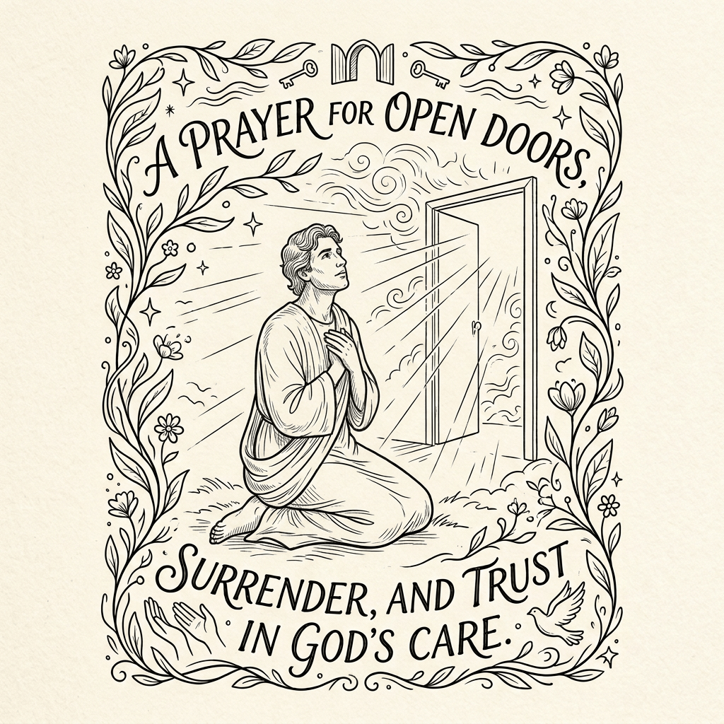 A woman kneels before an open door with text reading “A PRAYER FOR OPEN DOORS” and “SURRENDER, AND TRUST IN GOD’S CARE.”