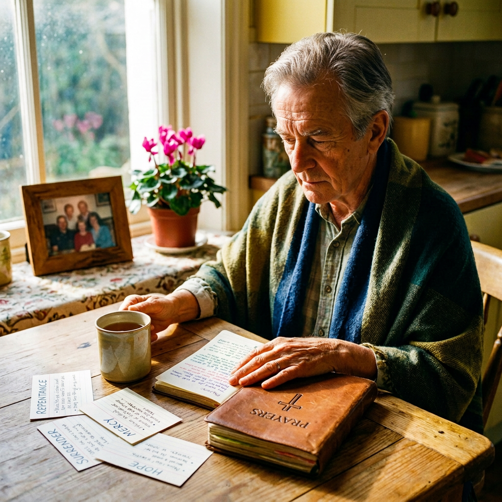 Older woman holding tea beside prayer cards and a book labeled PRAYERS