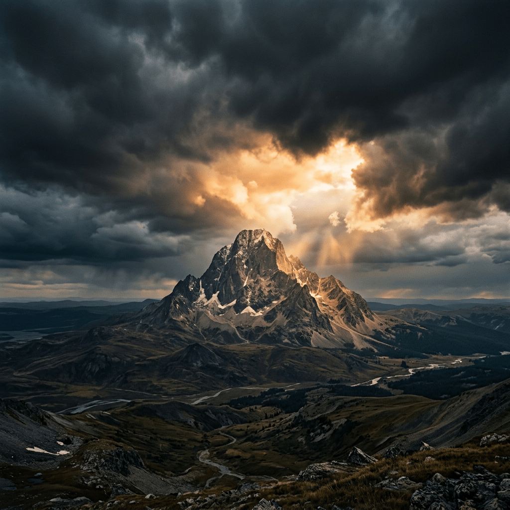 Solitary mountain beneath storm clouds and golden light