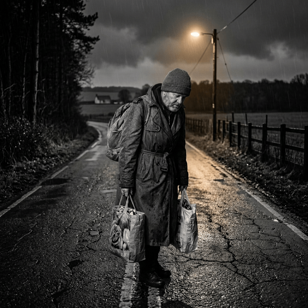 Person carrying shopping bags on a rainy city sidewalk at night