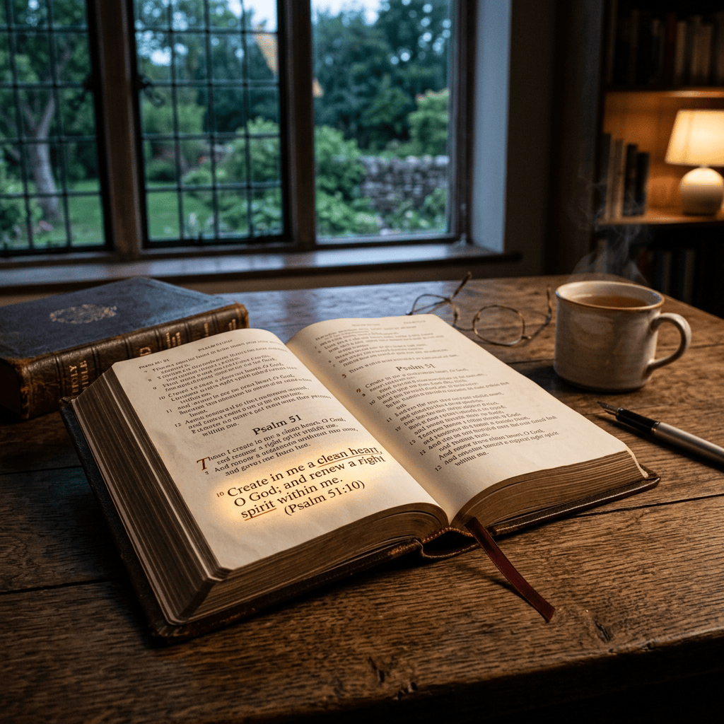 Open Bible displaying Psalm 51 beside coffee, glasses, and a pen