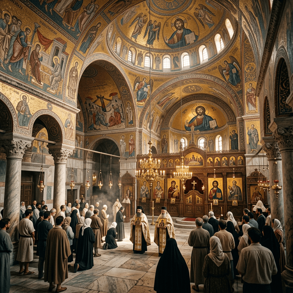 Orthodox worshippers attending a candlelit service beneath Byzantine mosaics